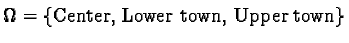 $\Omega= \{\text{Center, Lower town, Upper town}\}$
