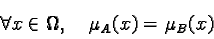 \begin{displaymath}\forall x \in \Omega, \quad \mu_A(x) = \mu_B(x)\end{displaymath}