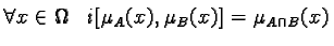 $\textstyle \forall x \in \Omega \;\;\; i[\mu_A(x), \mu_B(x)] = \mu_{A \cap B}(x)$