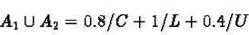 \begin{displaymath}A_1 \cup A_2= 0.8/C+ 1/L+ 0.4/U\end{displaymath}